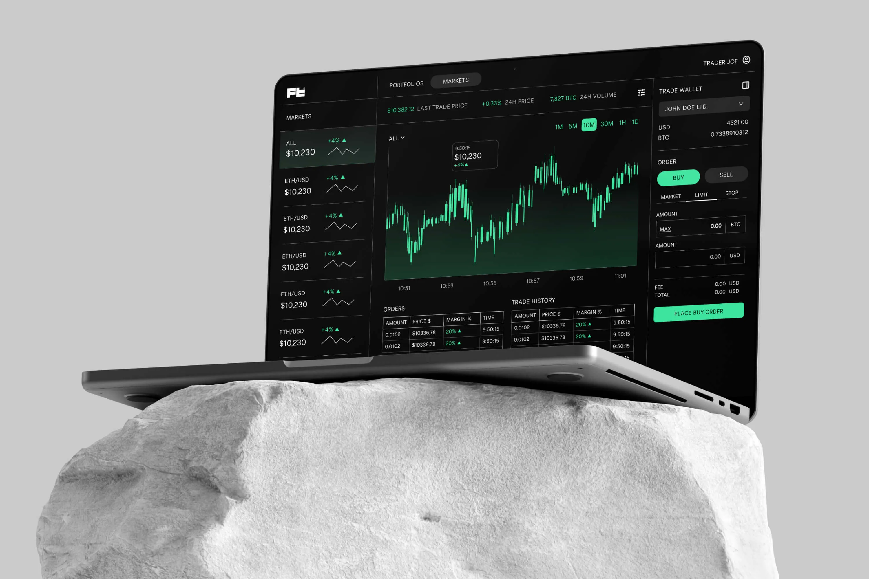Anthro in a trading app interface on a MacBook Pro resting on a rock